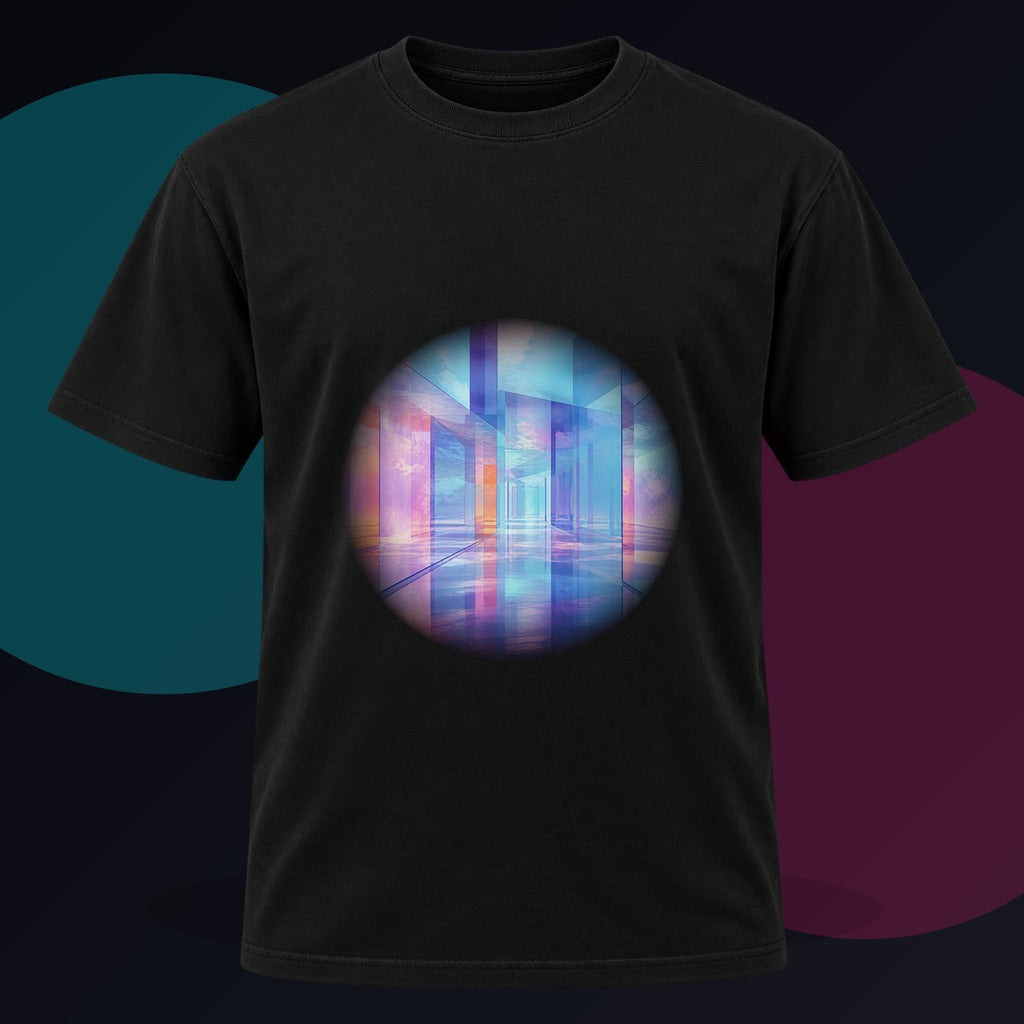 Glass Memory Corridor original KOSVYRE design on a black graphic tee against a graphite studio background