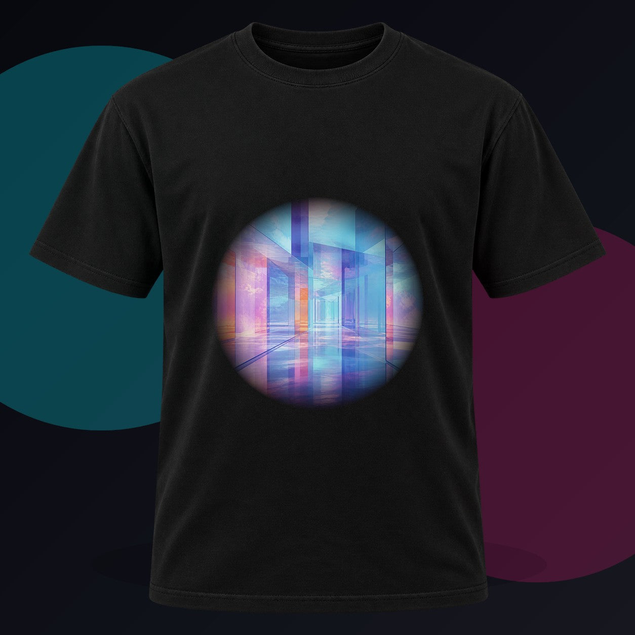 Glass Memory Corridor original KOSVYRE design on a black graphic tee against a graphite studio background