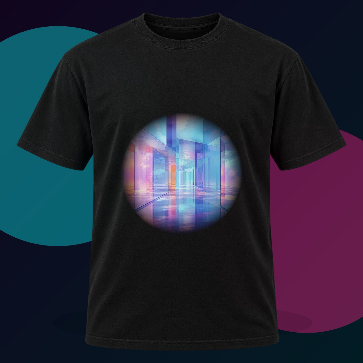 Glass Memory Corridor original KOSVYRE design on a black graphic tee with cyan and violet studio lighting