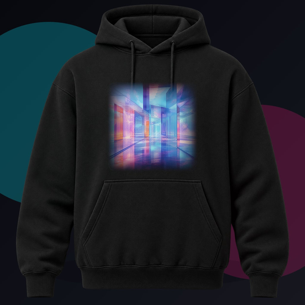 Glass Memory Corridor original KOSVYRE design on a black hoodie against a graphite studio background