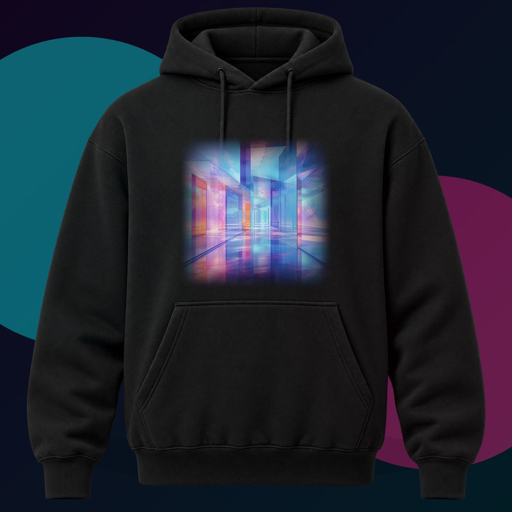 Glass Memory Corridor original KOSVYRE design on a black hoodie with cyan and violet studio lighting