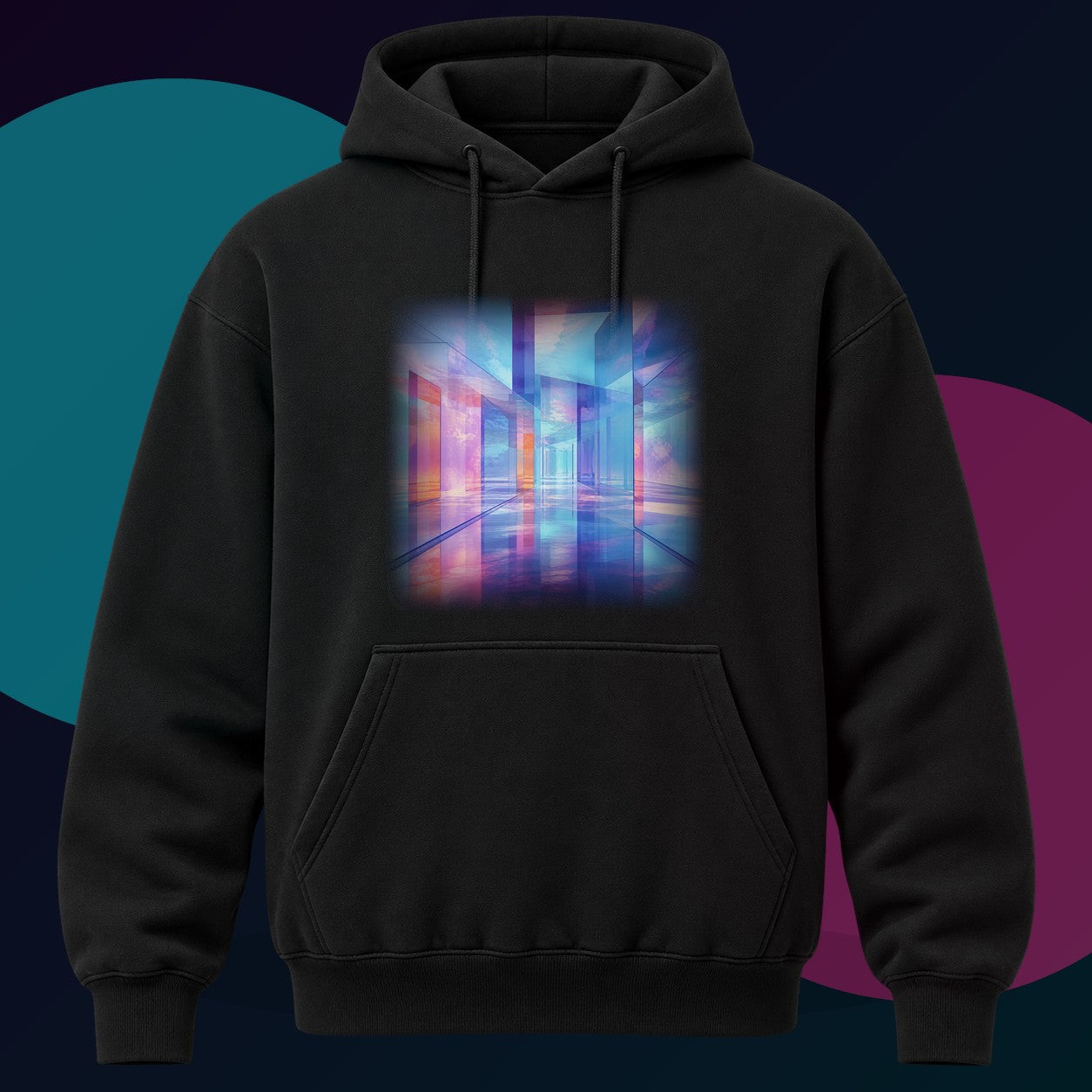 Glass Memory Corridor original KOSVYRE design on a black hoodie with cyan and violet studio lighting