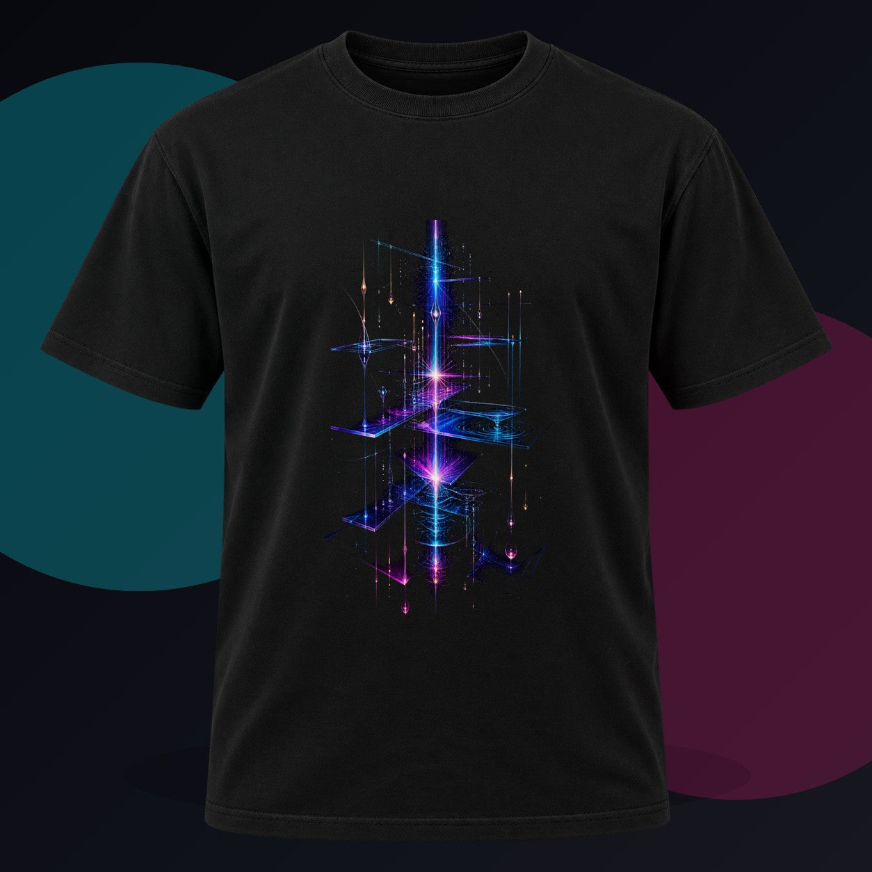 Glass Meridian Relay original KOSVYRE design on a black graphic tee against a graphite studio background