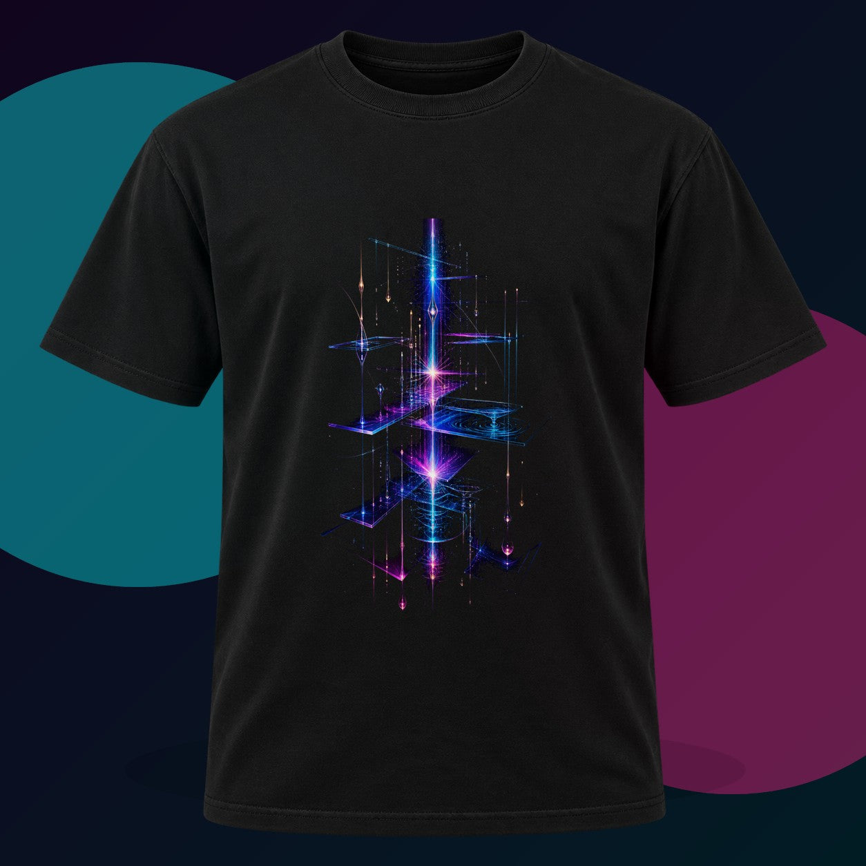 Glass Meridian Relay original KOSVYRE design on a black graphic tee with cyan and violet studio lighting