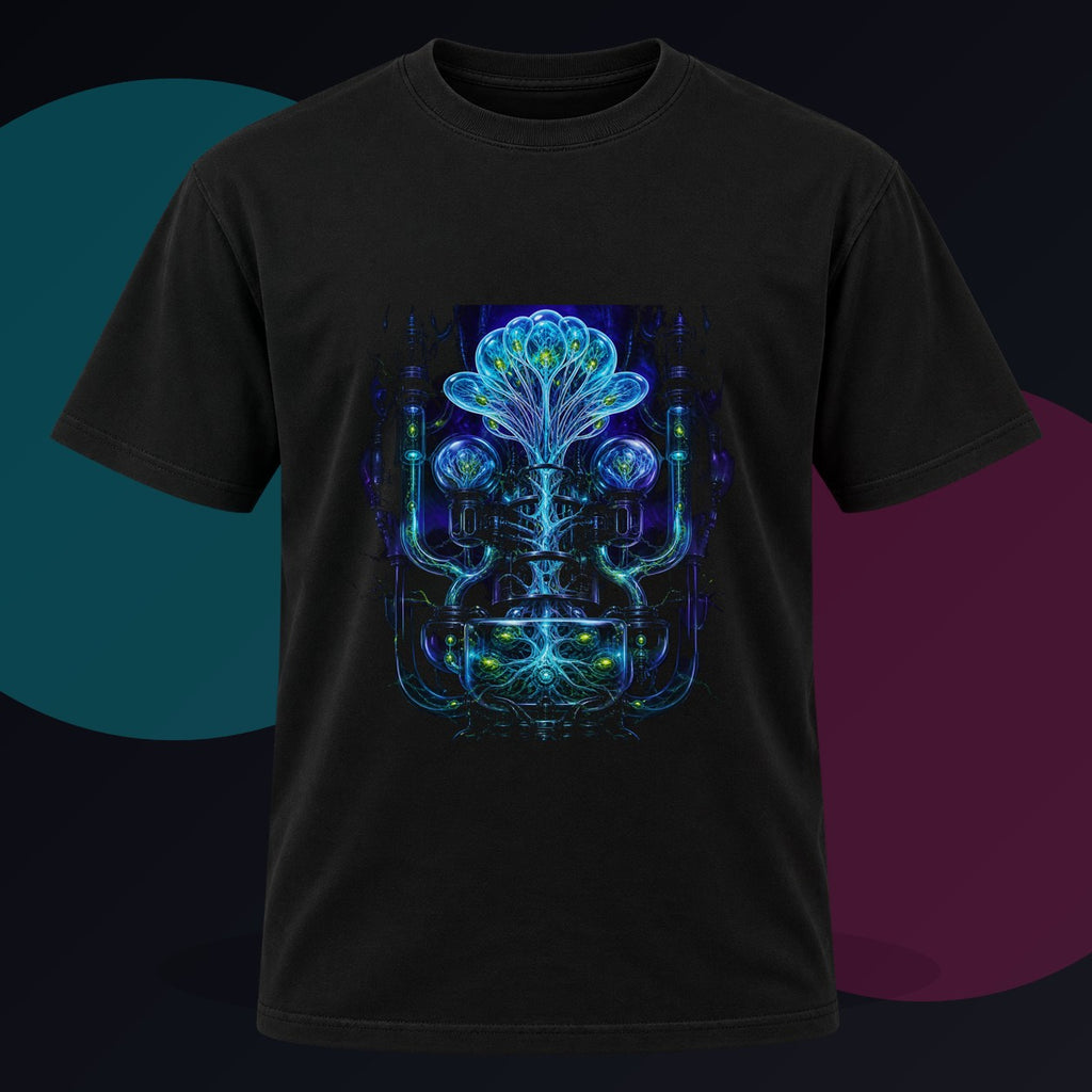 Glassroot Engine original KOSVYRE design on a black graphic tee against a graphite studio background
