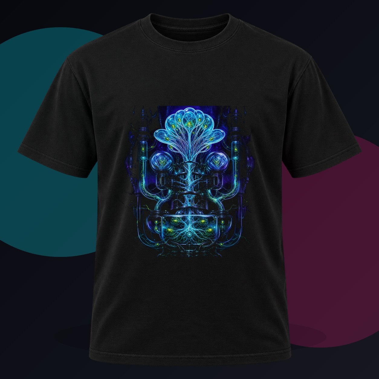 Glassroot Engine original KOSVYRE design on a black graphic tee against a graphite studio background