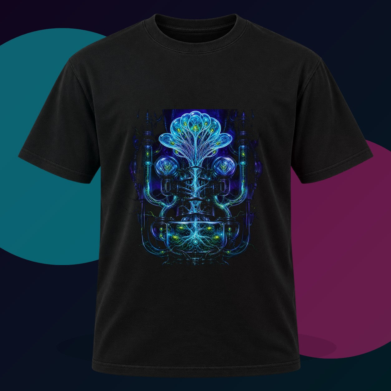 Glassroot Engine original KOSVYRE design on a black graphic tee with cyan and violet studio lighting