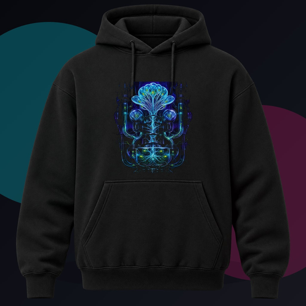 Glassroot Engine original KOSVYRE design on a black hoodie against a graphite studio background
