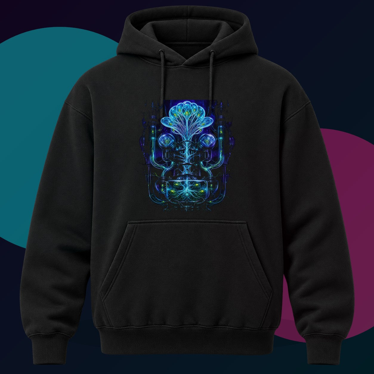Glassroot Engine original KOSVYRE design on a black hoodie with cyan and violet studio lighting