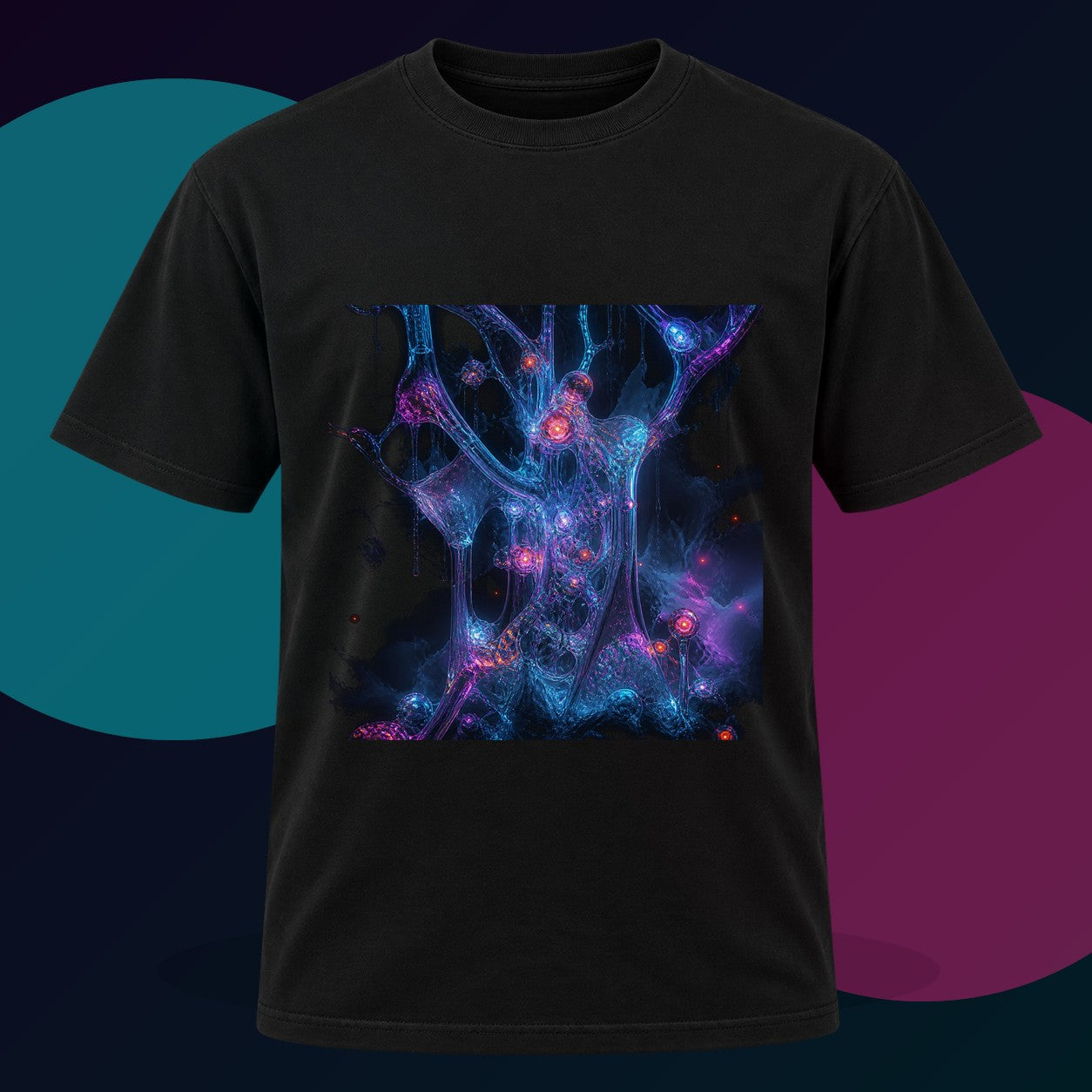 Glassroot Weather original KOSVYRE design on a black graphic tee with cyan and violet studio lighting