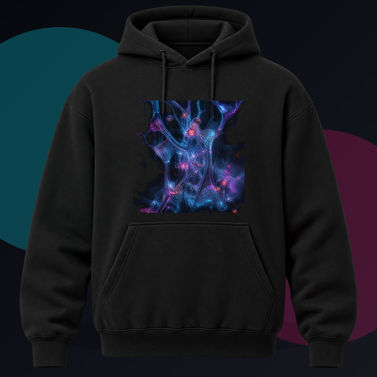 Glassroot Weather original KOSVYRE design on a black hoodie against a graphite studio background