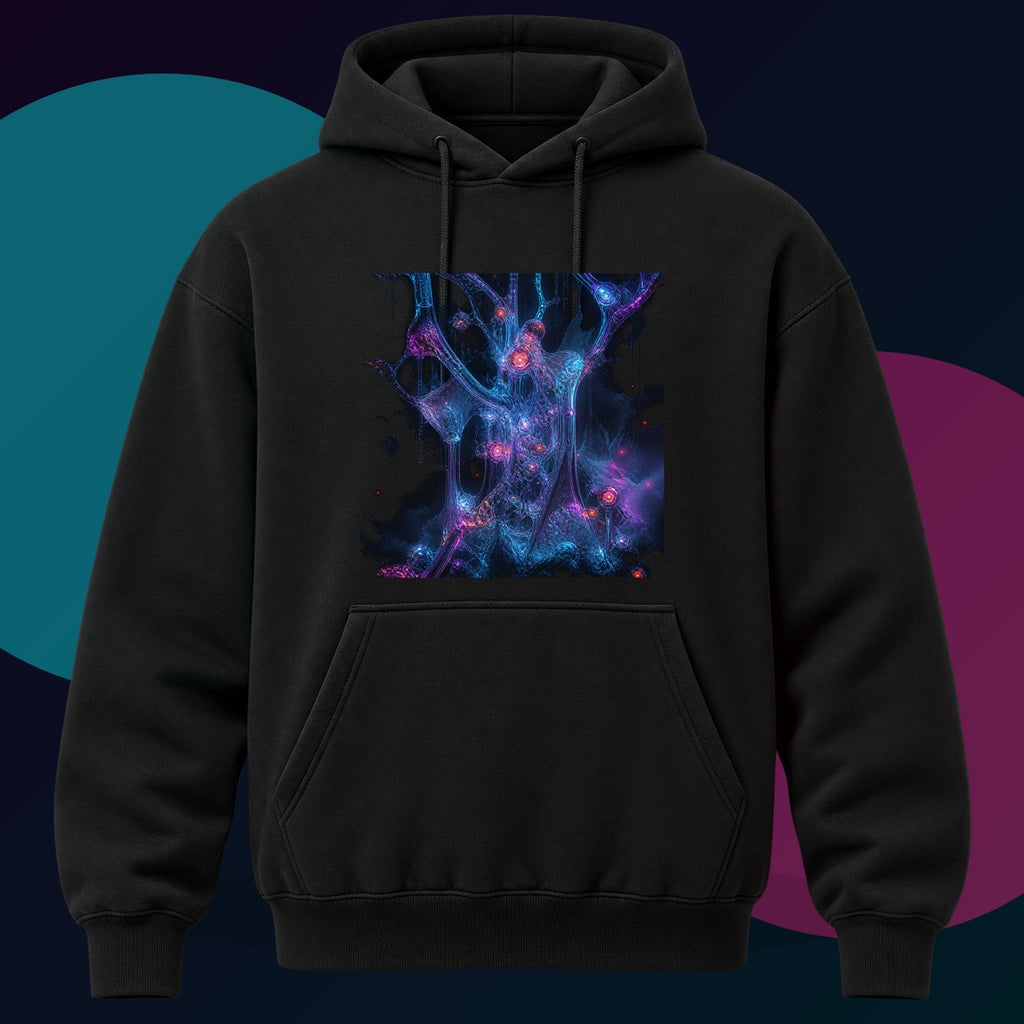 Glassroot Weather original KOSVYRE design on a black hoodie with cyan and violet studio lighting