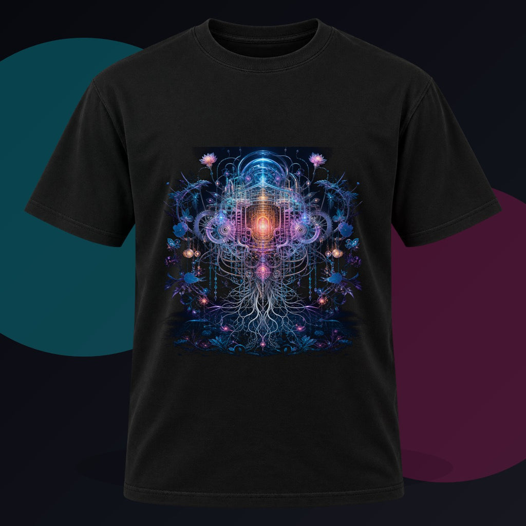 Gossamer Engine original KOSVYRE design on a black graphic tee against a graphite studio background
