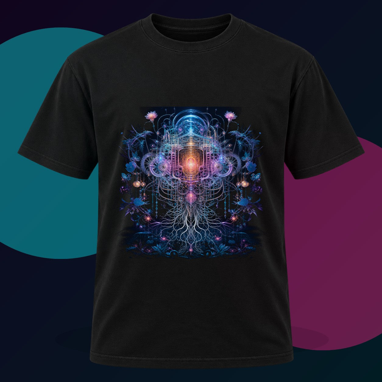 Gossamer Engine original KOSVYRE design on a black graphic tee with cyan and violet studio lighting
