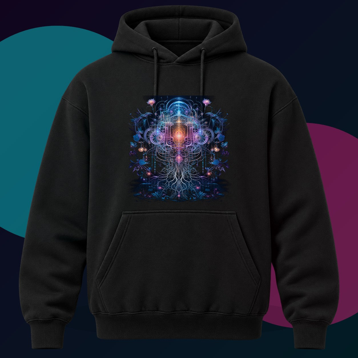 Gossamer Engine original KOSVYRE design on a black hoodie with cyan and violet studio lighting