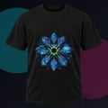 Helixless Bloom original KOSVYRE design on a black graphic tee against a graphite studio background