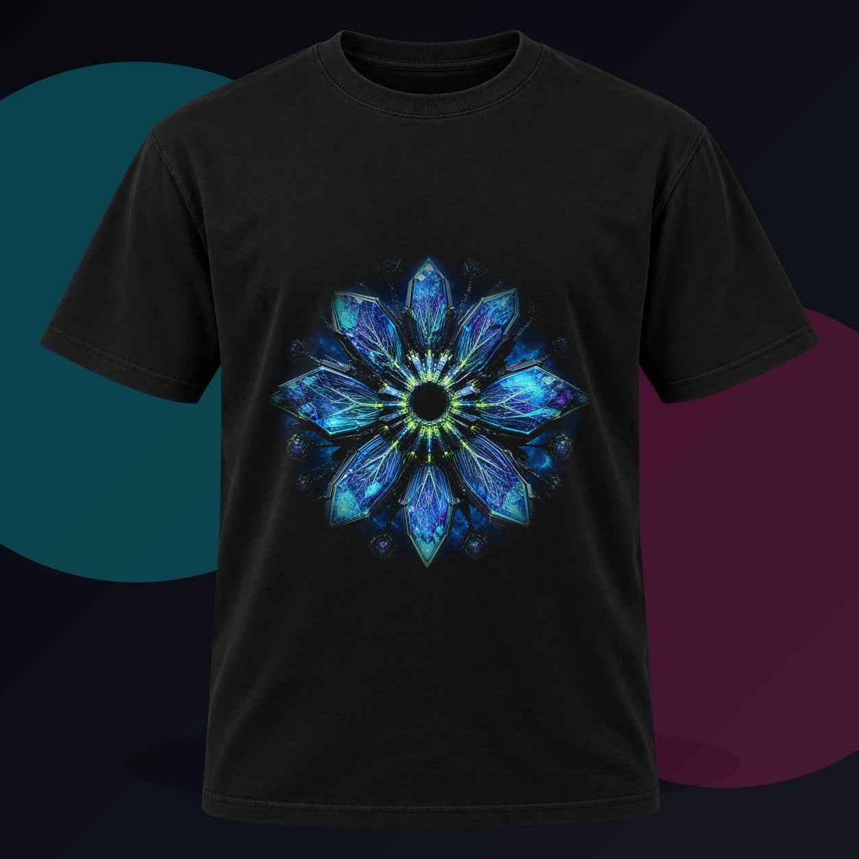 Helixless Bloom original KOSVYRE design on a black graphic tee against a graphite studio background