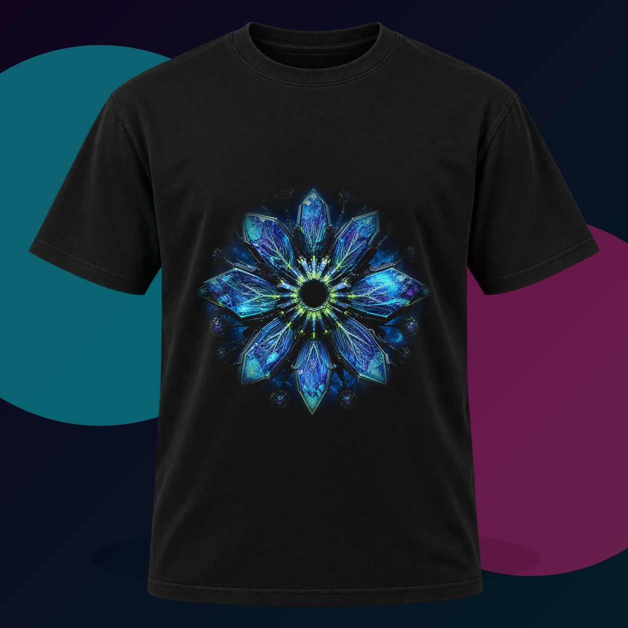 Helixless Bloom original KOSVYRE design on a black graphic tee with cyan and violet studio lighting