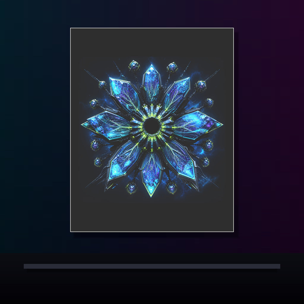 Helixless Bloom original KOSVYRE poster displayed in a dark psychedelic gallery setting