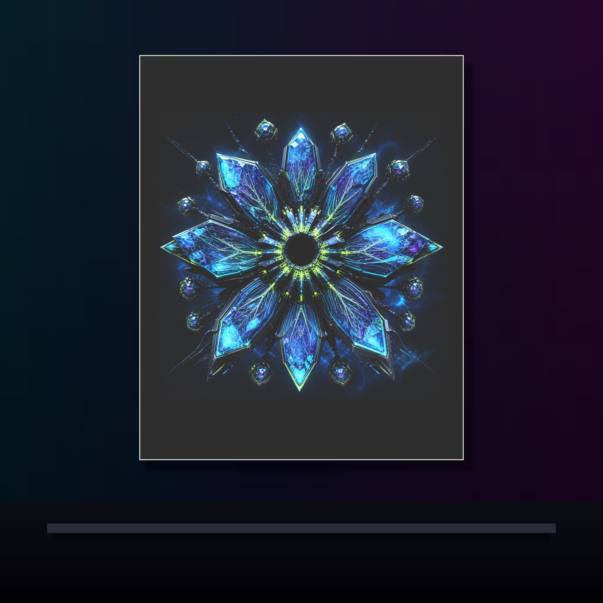 Helixless Bloom original KOSVYRE poster displayed in a dark psychedelic gallery setting