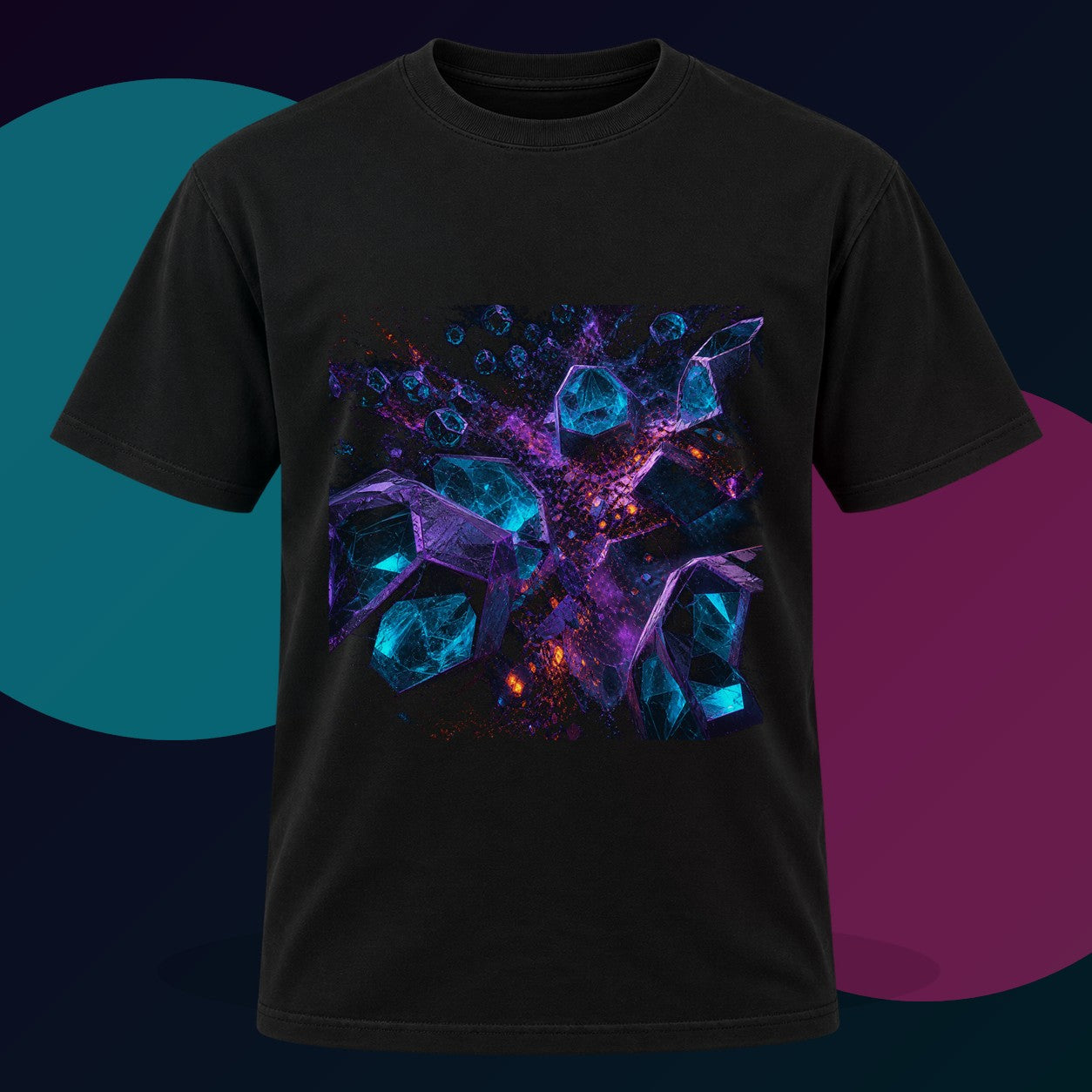 Hollow Lantern Tectonics original KOSVYRE design on a black graphic tee with cyan and violet studio lighting