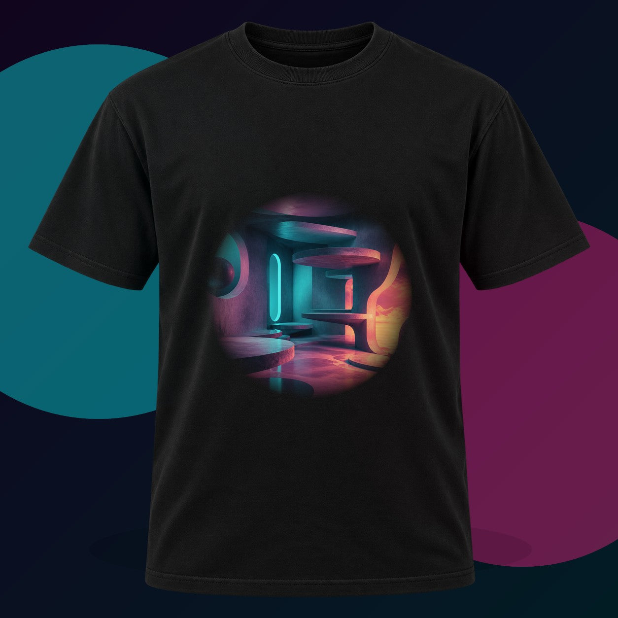 Hollow Signal Apartment original KOSVYRE design on a black graphic tee with cyan and violet studio lighting
