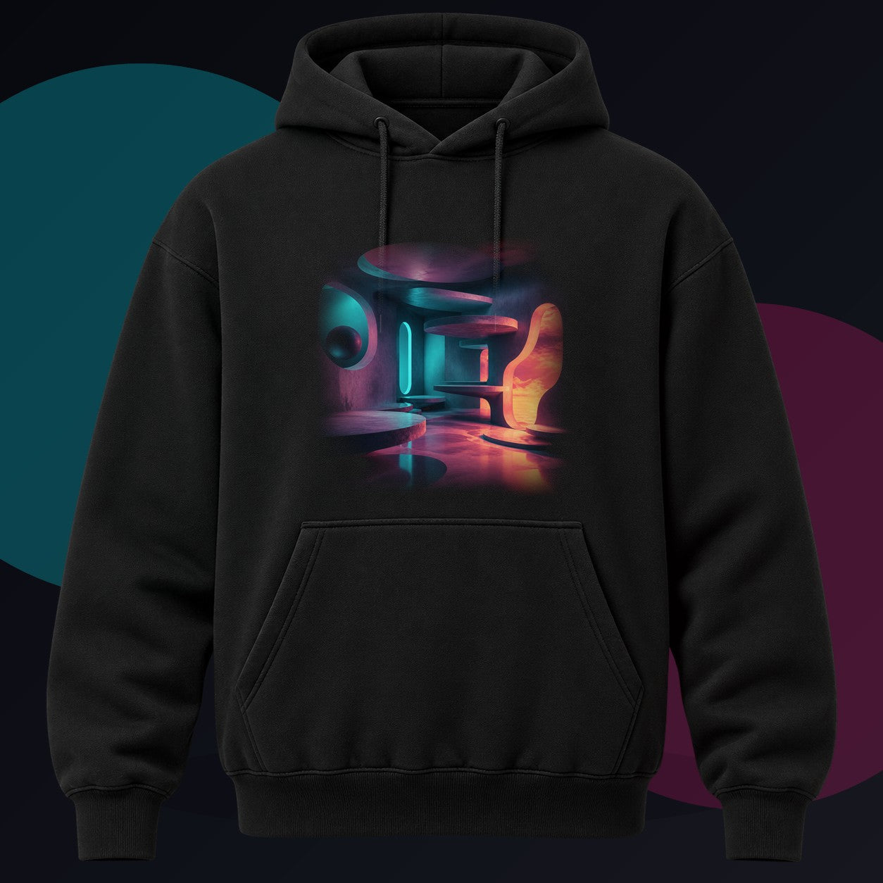 Hollow Signal Apartment original KOSVYRE design on a black hoodie against a graphite studio background