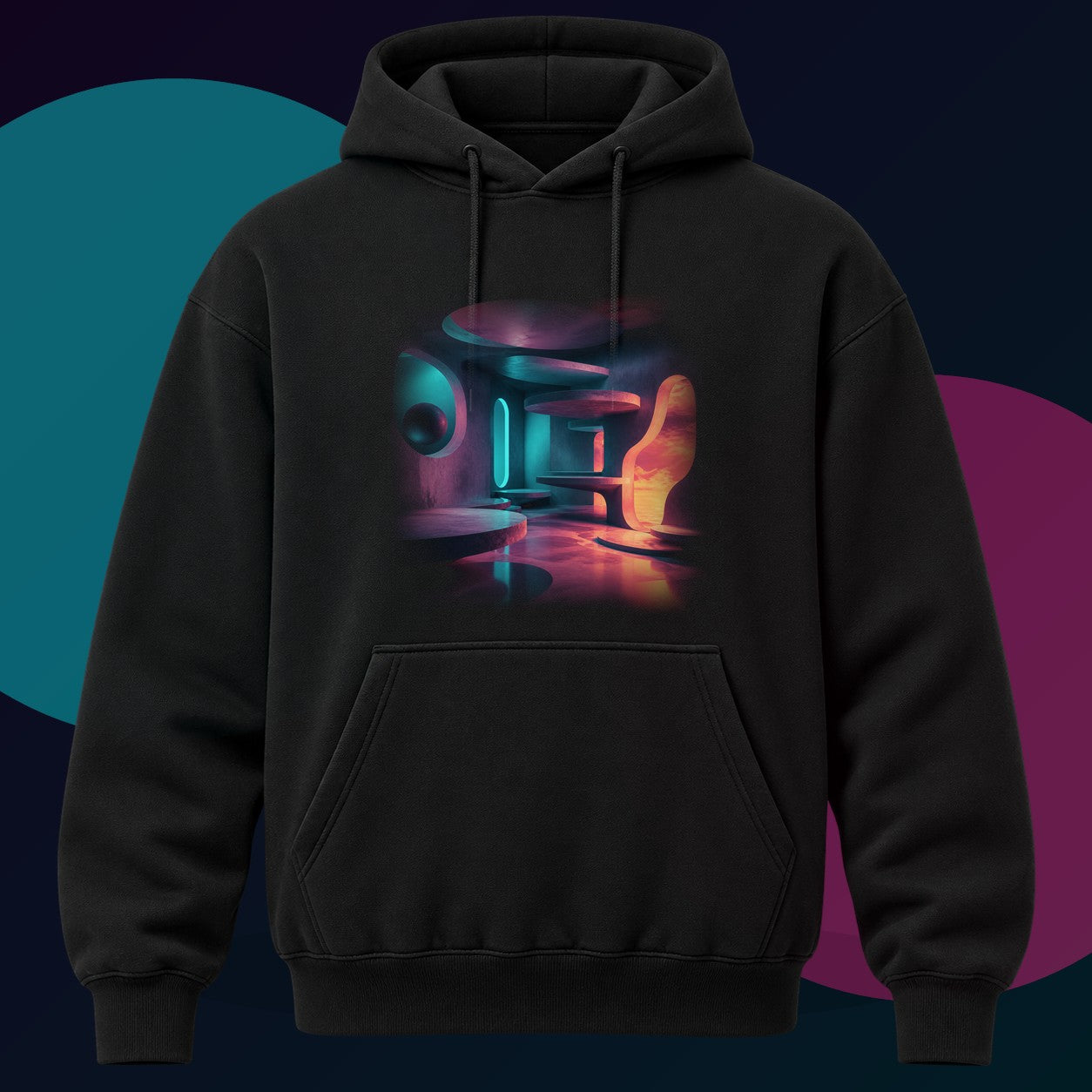Hollow Signal Apartment original KOSVYRE design on a black hoodie with cyan and violet studio lighting