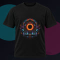 Hollow Sun Terminal original KOSVYRE design on a black graphic tee against a graphite studio background