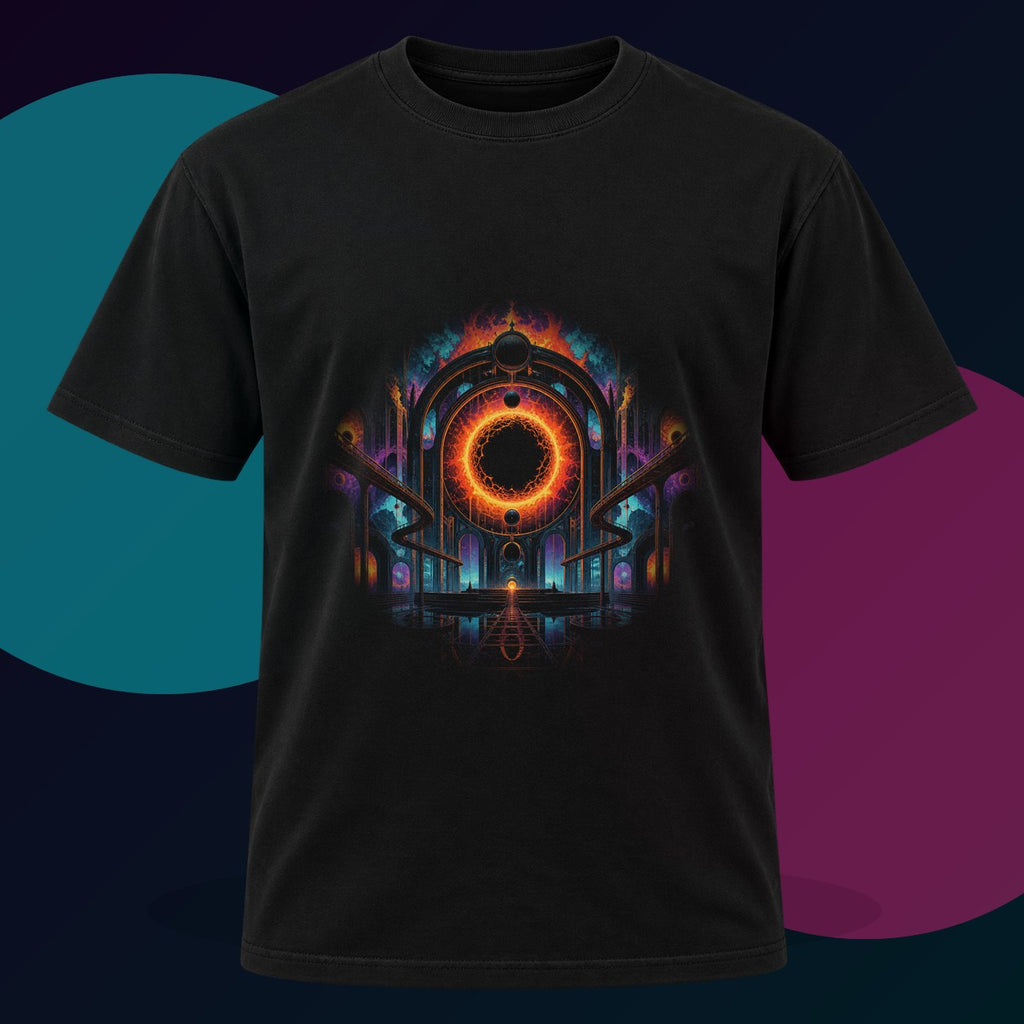 Hollow Sun Terminal original KOSVYRE design on a black graphic tee with cyan and violet studio lighting