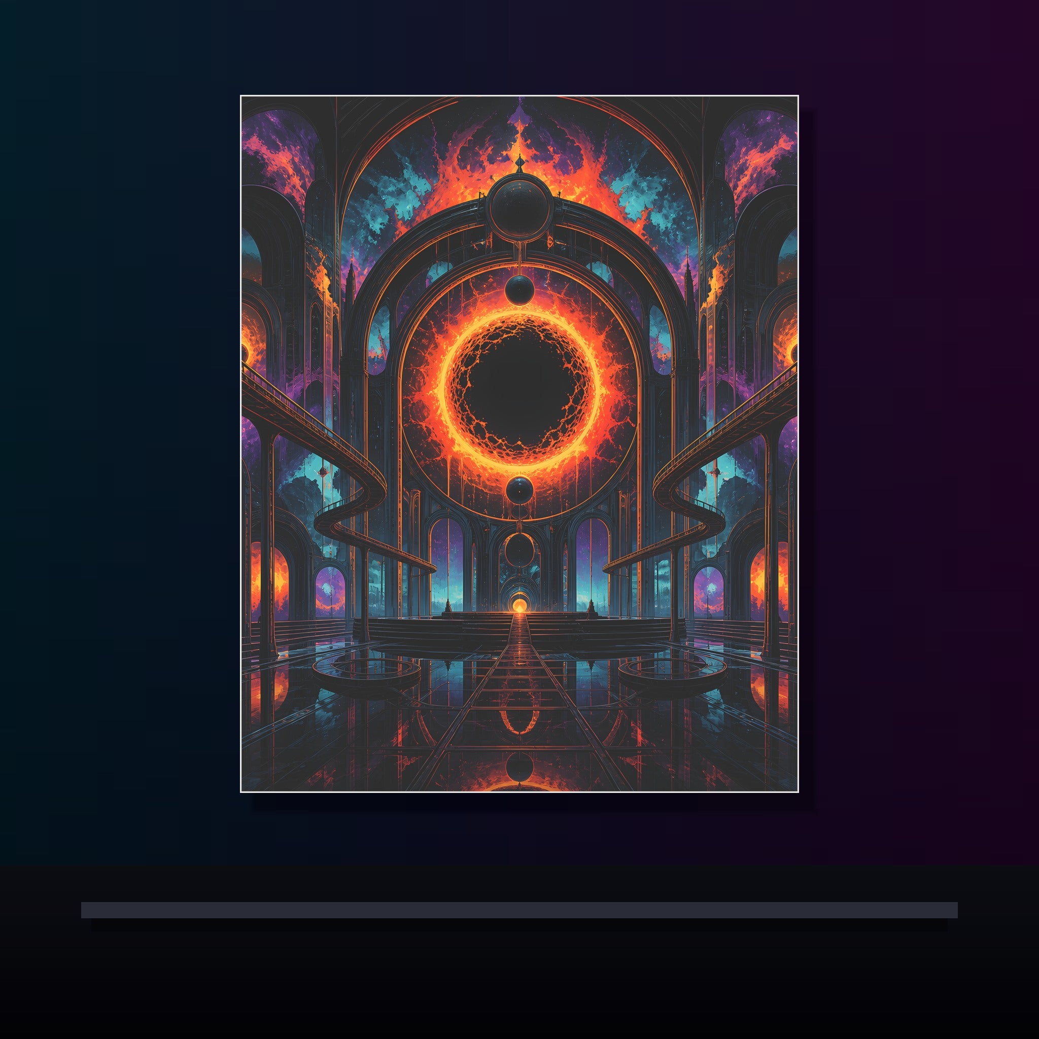 Hollow Sun Terminal original KOSVYRE poster displayed in a dark psychedelic gallery setting