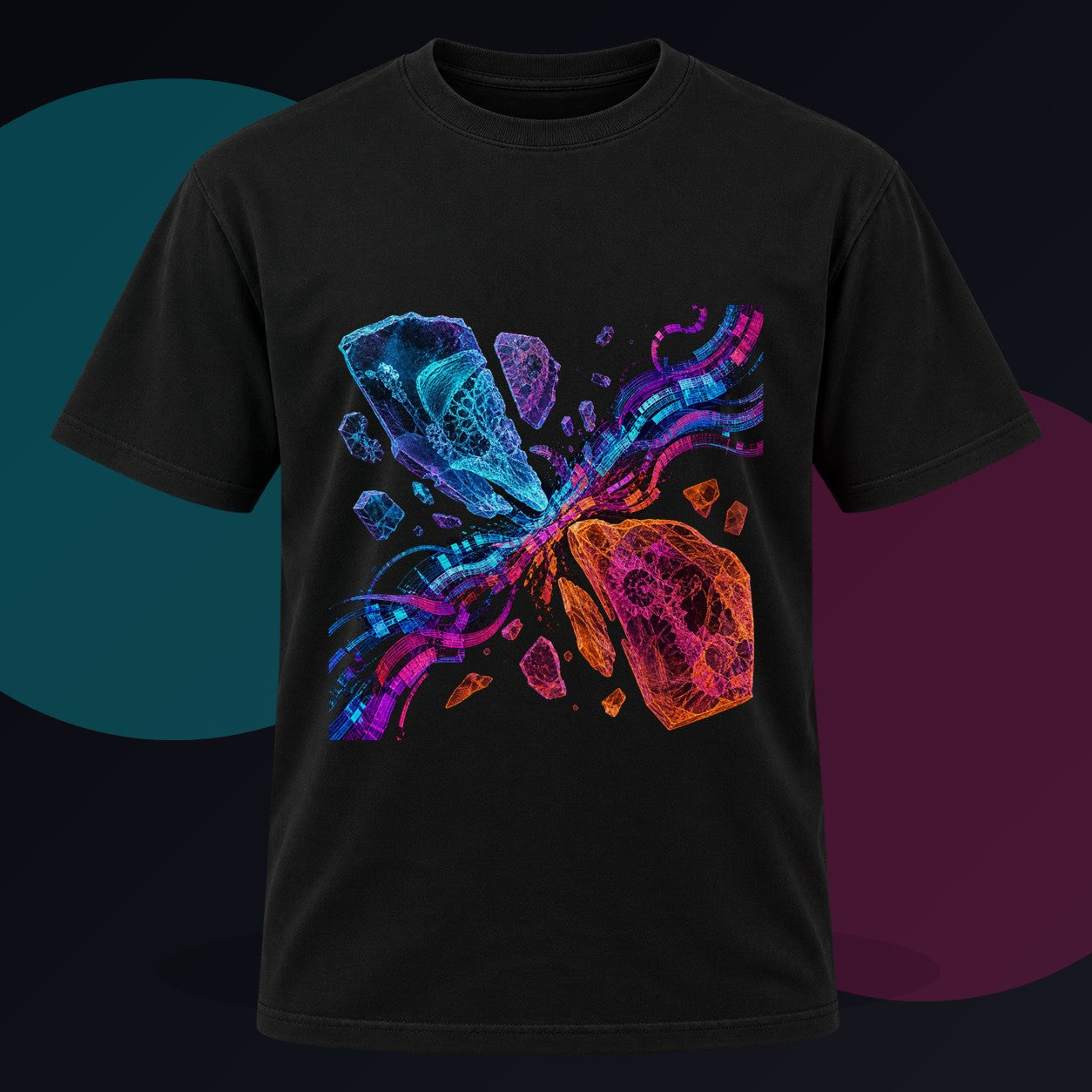 Hologram Fossil Exchange original KOSVYRE design on a black graphic tee against a graphite studio background
