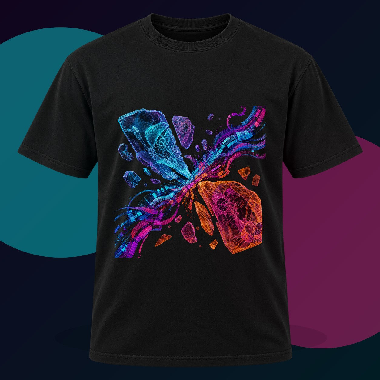 Hologram Fossil Exchange original KOSVYRE design on a black graphic tee with cyan and violet studio lighting