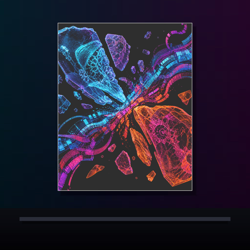 Hologram Fossil Exchange original KOSVYRE poster displayed in a dark psychedelic gallery setting