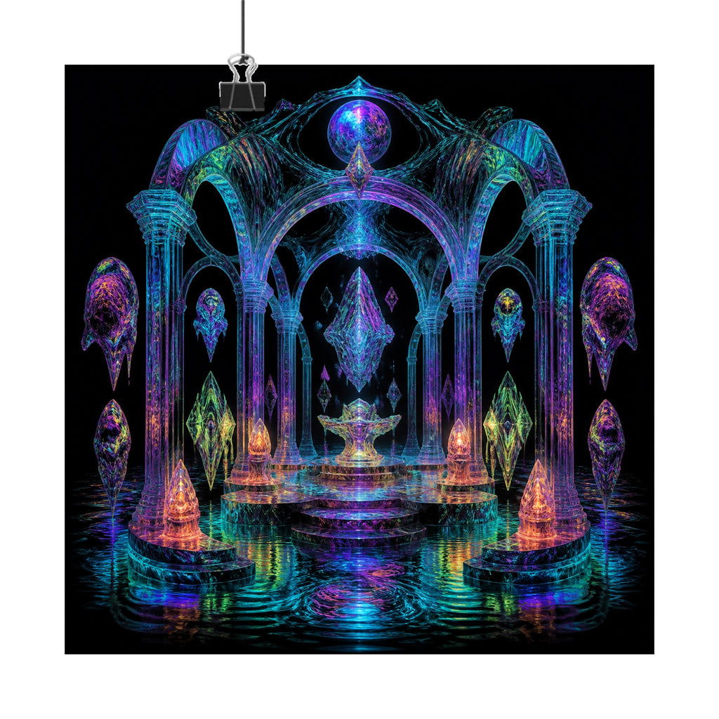 Holographic Tidal Crypt original KOSVYRE art print displayed with binder clips