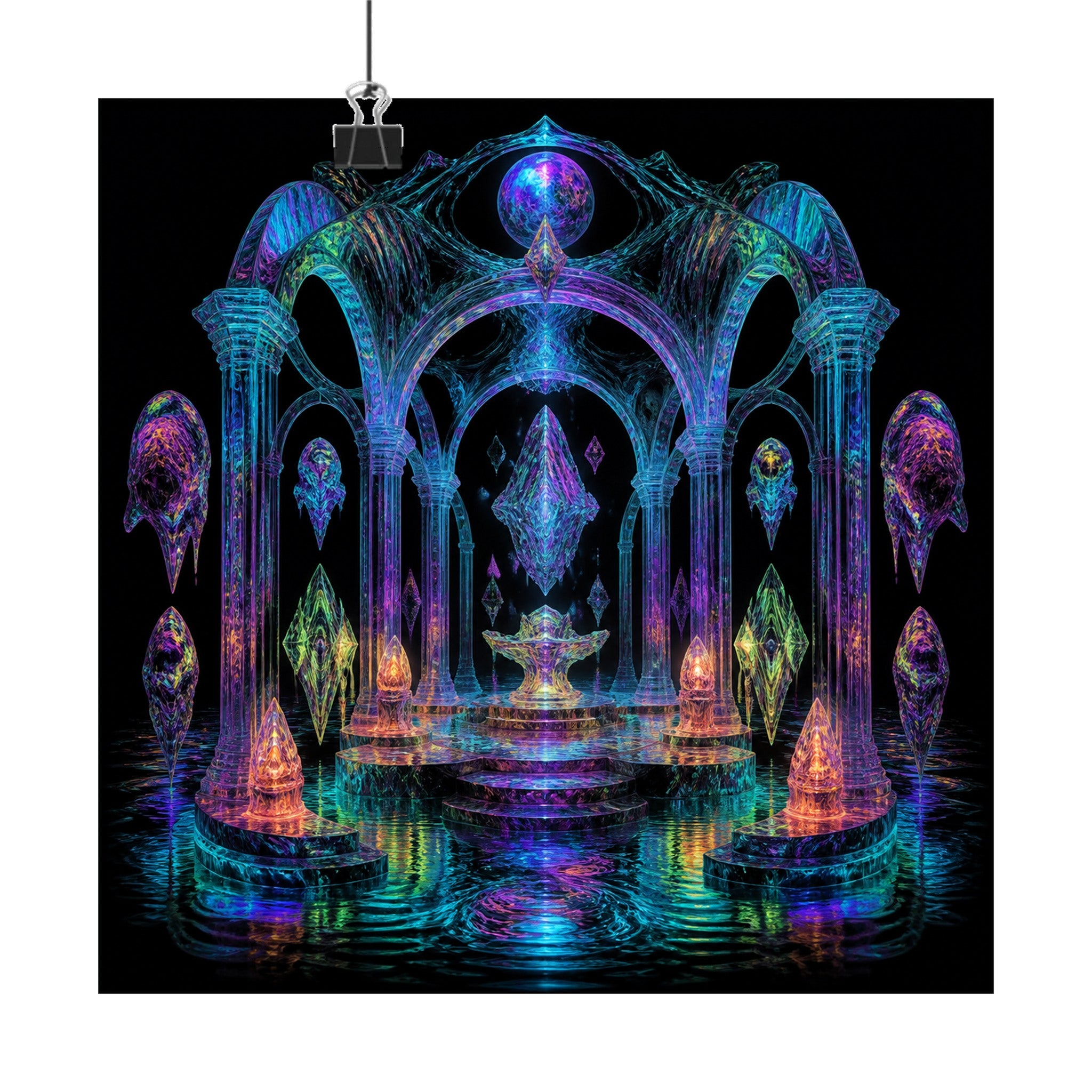 Holographic Tidal Crypt original KOSVYRE art print displayed with binder clips