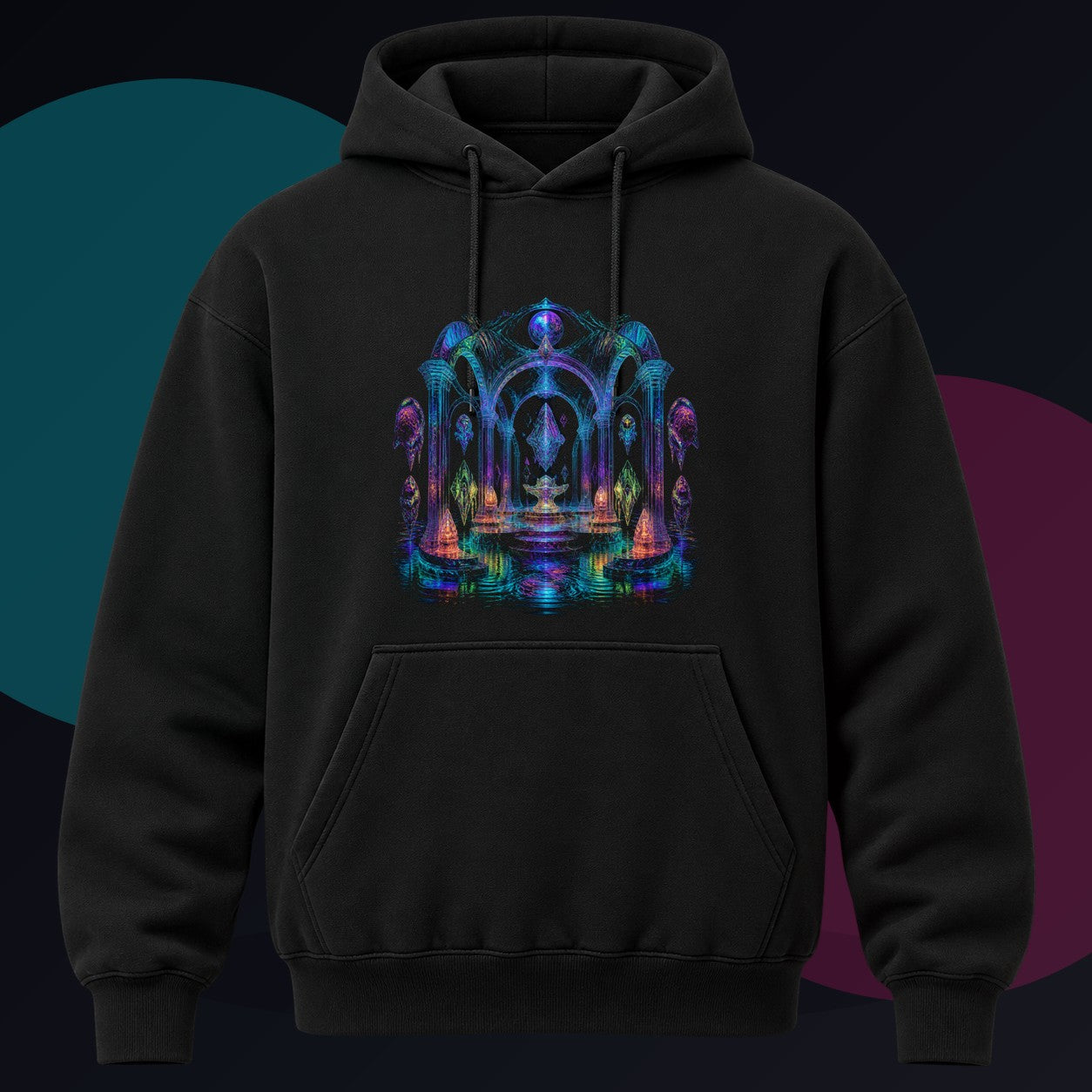 Holographic Tidal Crypt original KOSVYRE design on a black hoodie against a graphite studio background