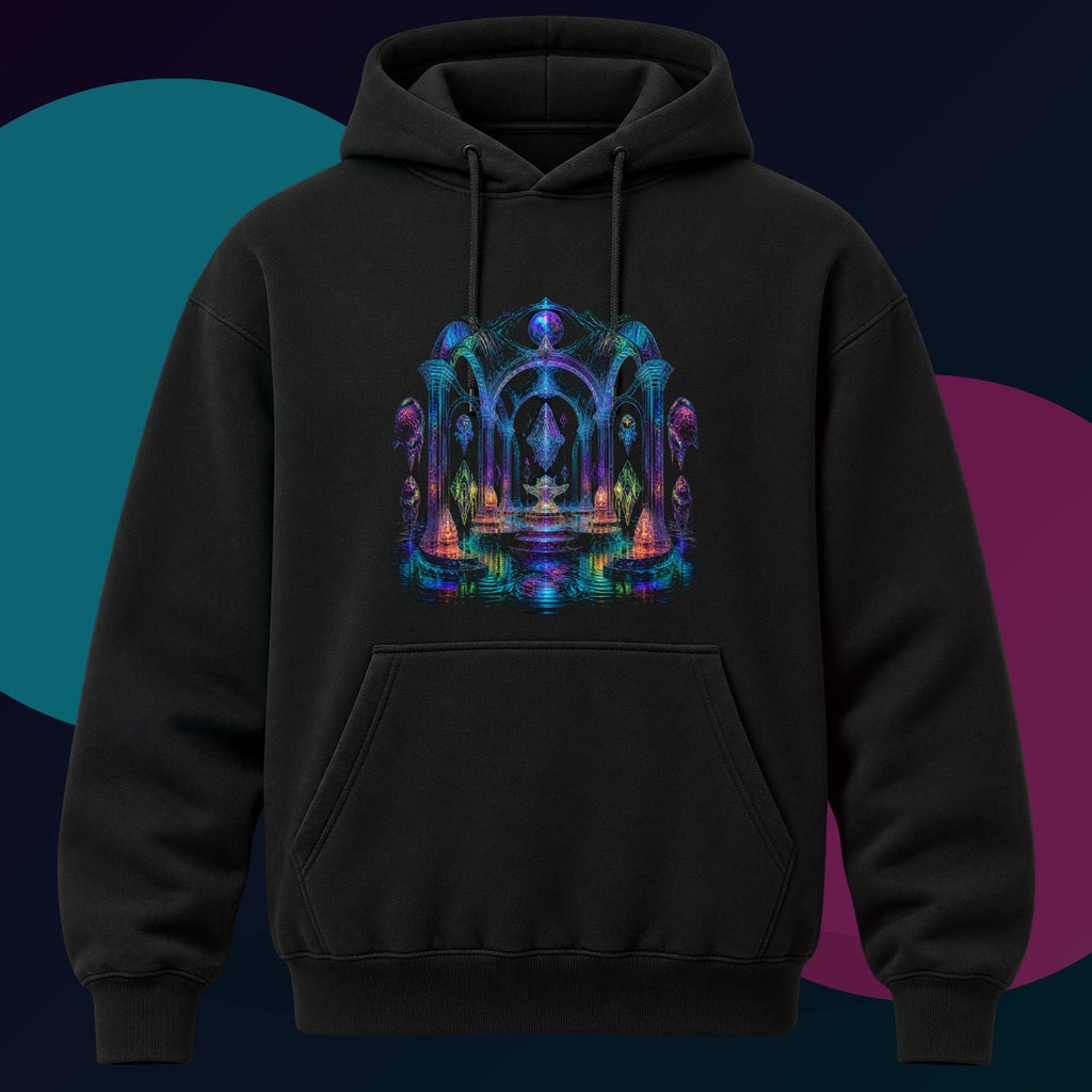 Holographic Tidal Crypt original KOSVYRE design on a black hoodie with cyan and violet studio lighting