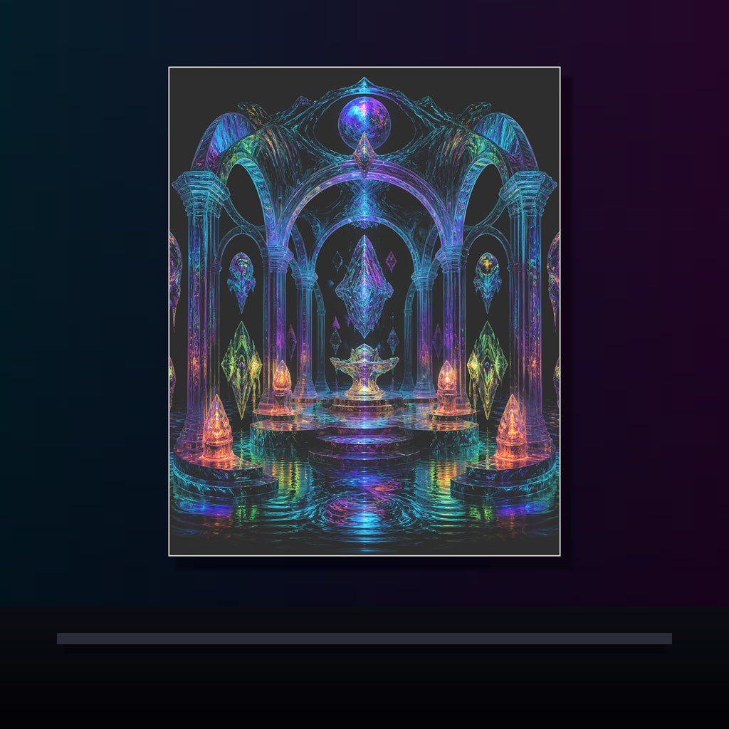 Holographic Tidal Crypt original KOSVYRE poster displayed in a dark psychedelic gallery setting