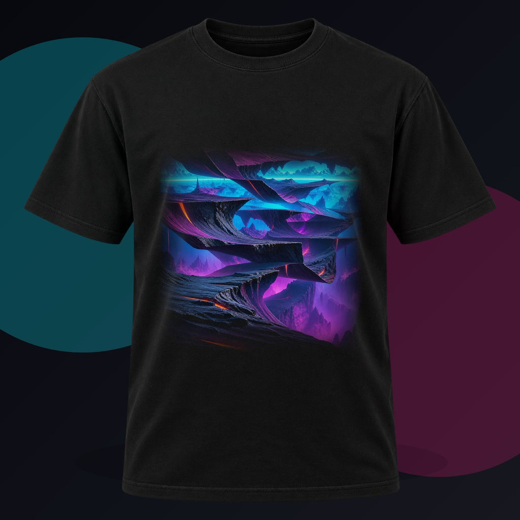 Horizon Fold Array original KOSVYRE design on a black graphic tee against a graphite studio background