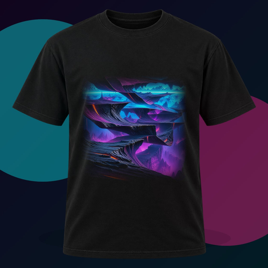 Horizon Fold Array original KOSVYRE design on a black graphic tee with cyan and violet studio lighting