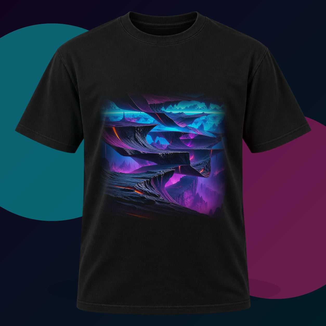 Horizon Fold Array original KOSVYRE design on a black graphic tee with cyan and violet studio lighting