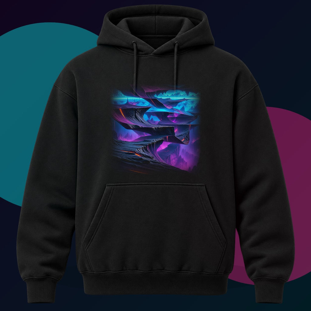 Horizon Fold Array original KOSVYRE design on a black hoodie with cyan and violet studio lighting