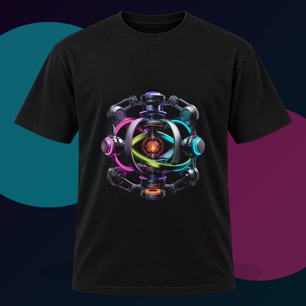 Impossible Engine original KOSVYRE design on a black graphic tee with cyan and violet studio lighting