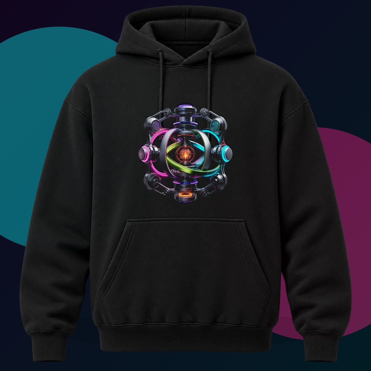 Impossible Engine original KOSVYRE design on a black hoodie with cyan and violet studio lighting