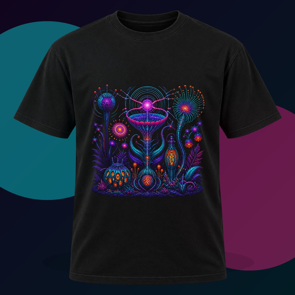 Impossible Radio Garden original KOSVYRE design on a black graphic tee with cyan and violet studio lighting