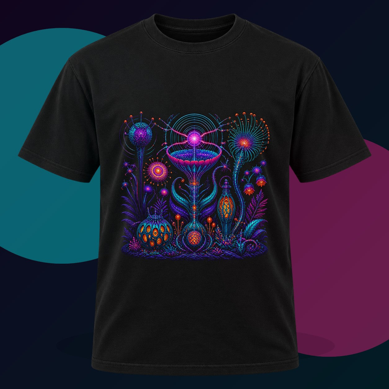 Impossible Radio Garden original KOSVYRE design on a black graphic tee with cyan and violet studio lighting