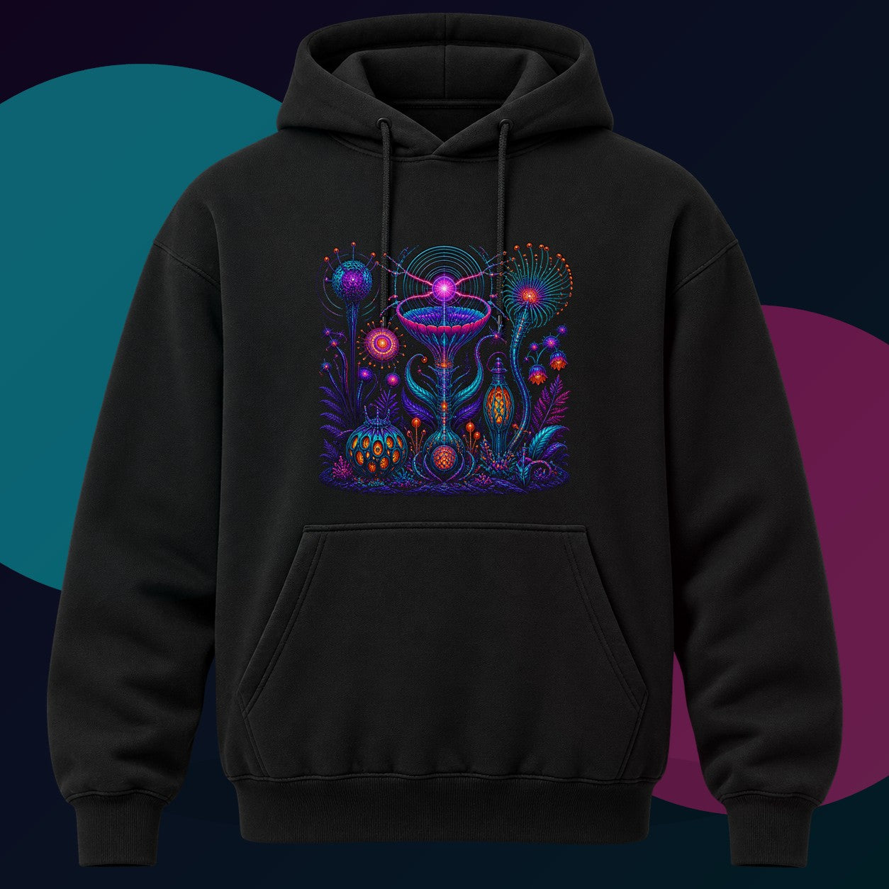 Impossible Radio Garden original KOSVYRE design on a black hoodie with cyan and violet studio lighting