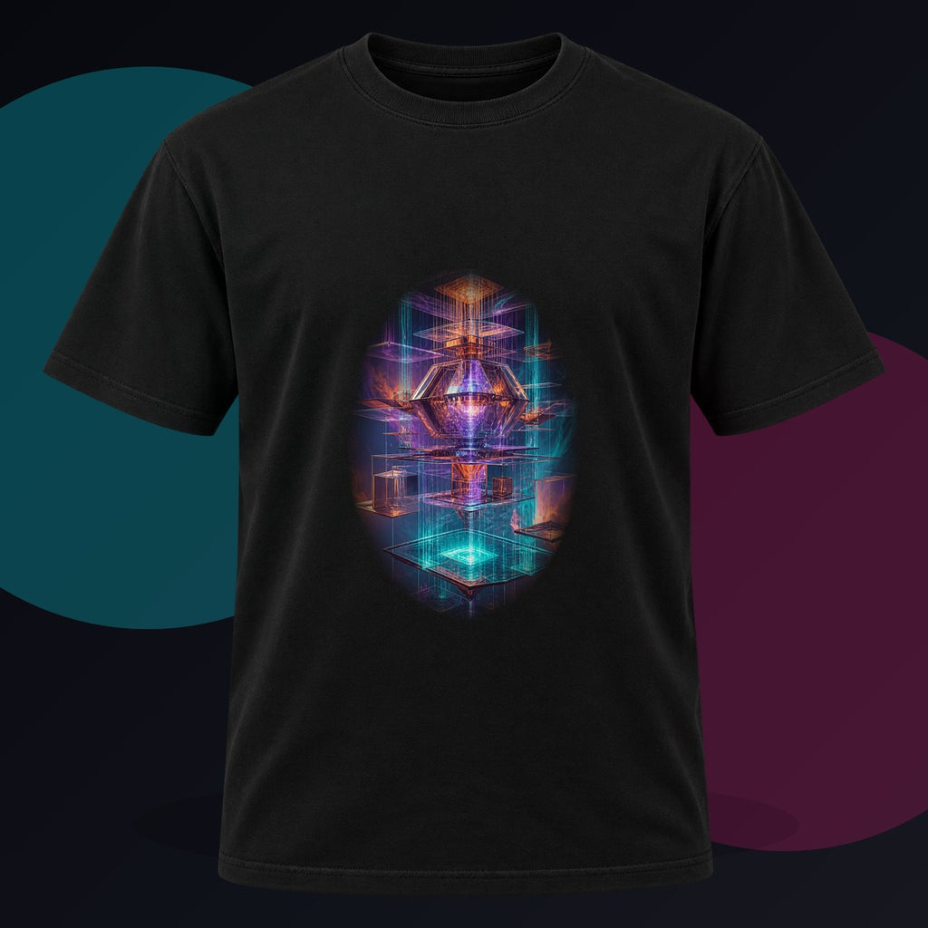 Impossible Rain Processor original KOSVYRE design on a black graphic tee against a graphite studio background