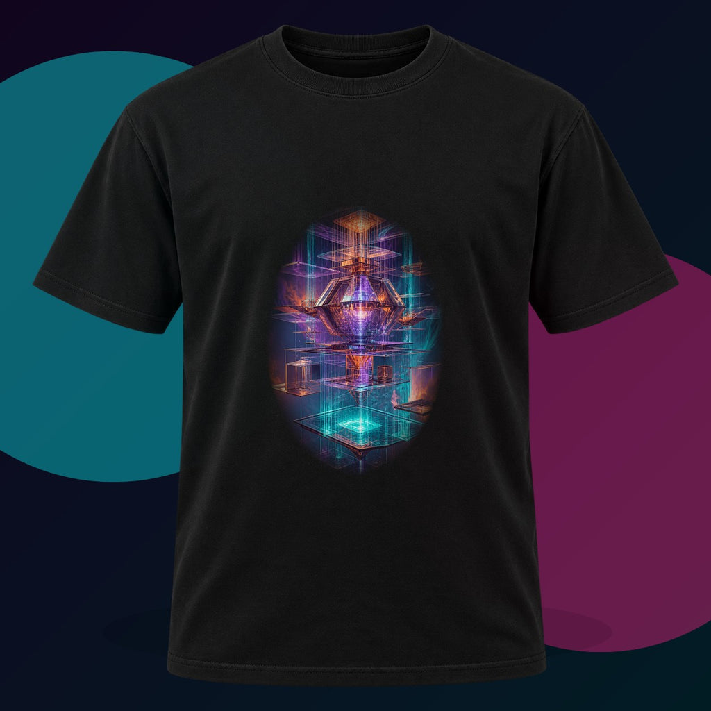 Impossible Rain Processor original KOSVYRE design on a black graphic tee with cyan and violet studio lighting